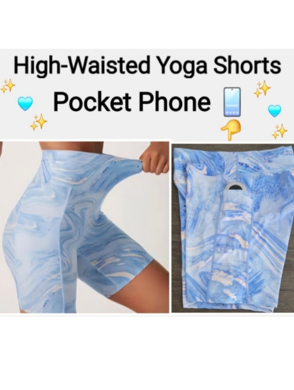High-Waisted Blue Marble Yoga Shorts with Phone Pocket, Size L